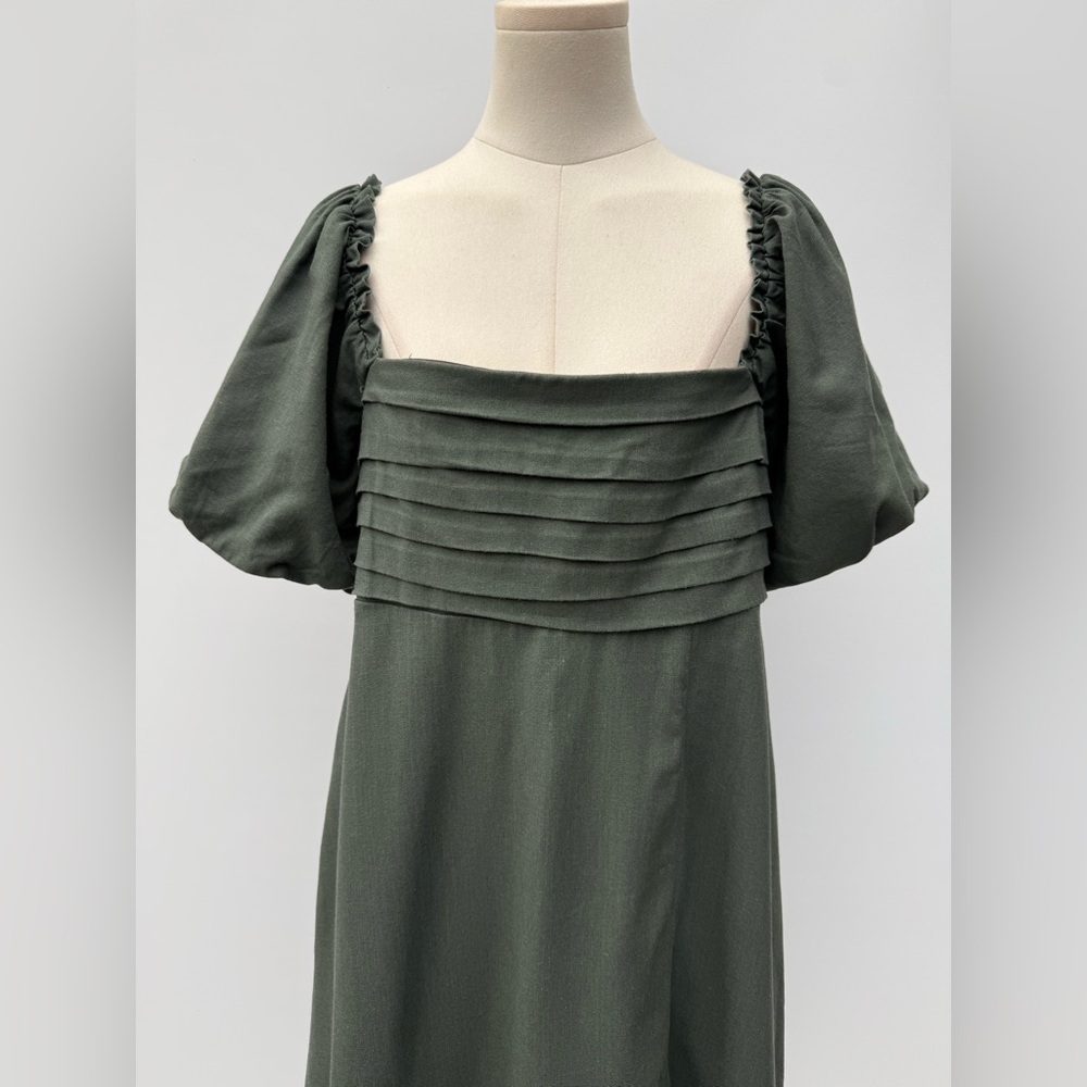 Mi Ami For Francesca’s Elegant Olive Green Puff Sleeve Midi Dress – Square Neck - Picture 6 of 15